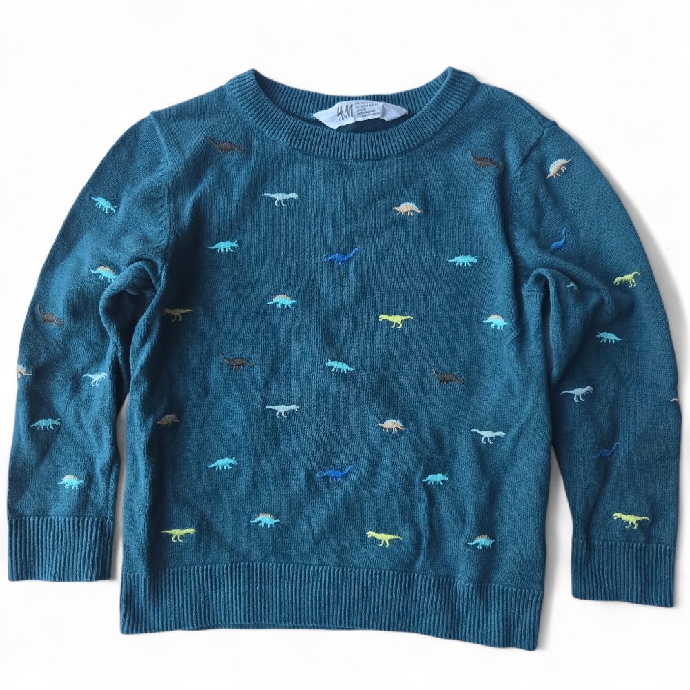 H&M Kids Teal Sweater with Dinosaur Pattern